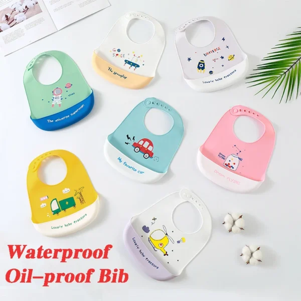 Cute Baby Bibs Waterproof Silicone Bib Infant Toddler Feeding Saliva Towel Cartoon Adjustable Children Apron with Pocket Scarf