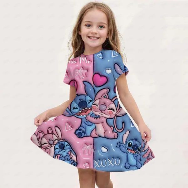 Summer New Children's Clothing 3d Printed Romantic Stitch Cute Girl Short-Sleeved Dress 3-14 Years Old Kids Performance Clothing